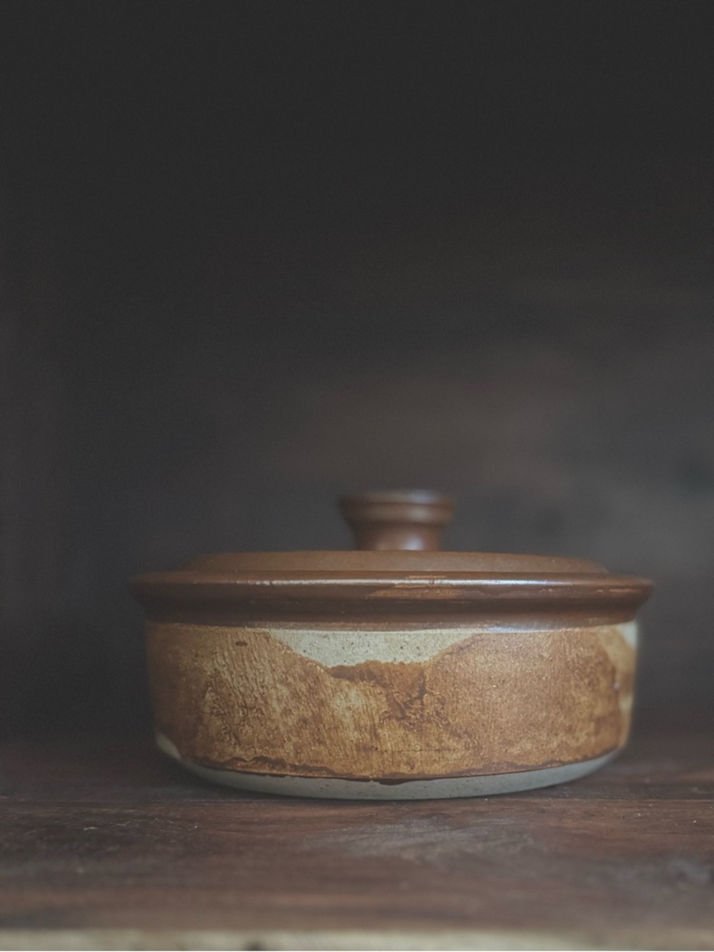 Vintage Stoneware Casserole Dish w Lid Brown Drip Glaze Rustic Crock